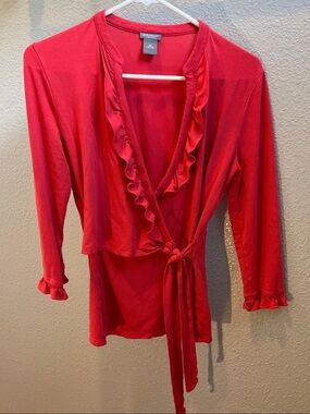 Ann Tailor petites Ruffle-Trim Wrap 3/4 sleeve blouse